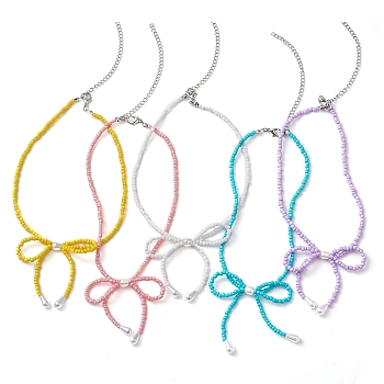 Bowknot 304 Stainless Steel Necklaces, Acrylic Bead Necklaces for Women, Mixed Color, 12.60~12.80 inch(32~32.5cm)