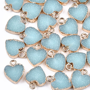 Electroplate Druzy Resin Pendants, with Iron Findings, Heart, Light Gold, Pale Turquoise, 15x12x3.5~4mm, Hole: 1mm