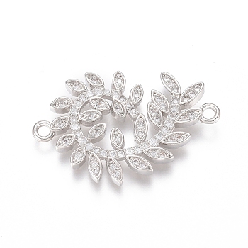 Brass Micro Pave Clear Cubic Zirconia Links connectors, Leafy Branches, Platinum, 19x28x2mm, Hole: 1.6mm