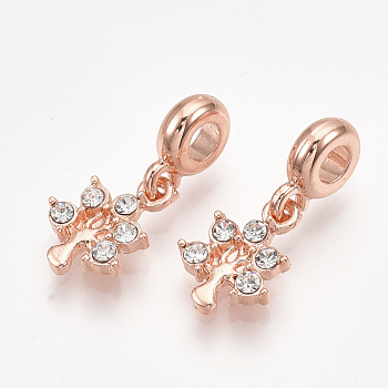 Alloy European Dangle Charms, with Rhinestone, Large Hole Pendants, Tree, Crystal, Rose Gold, 25mm, Hole: 4mm