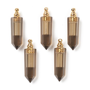 Faceted Natural Smoky Quartz Pendants, Openable Perfume Bottle, with Golden Tone Brass Findings, Bullet, 46~47x13~14x11~12mm, Hole: 4.5mm, capacity: 1ml(0.03 fl. oz)