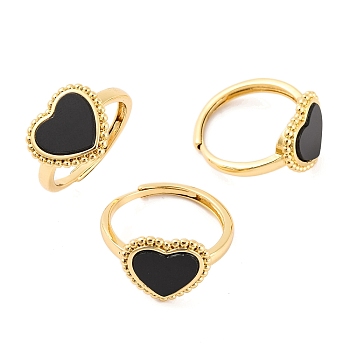 Heart Natural Black Onyx Adjustable Rings, Brass Ring for Women, Long-Lasting Plated, Lead Free & Cadmium Free, Golden, Inner Diameter: 18mm