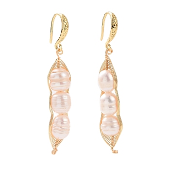 Natural Freshwater Pearl Dangle Earrings, with Brass Earring Hooks and Copper Wire, Real 18K Gold Plated, 50~55mm, Pin: 0.7mm