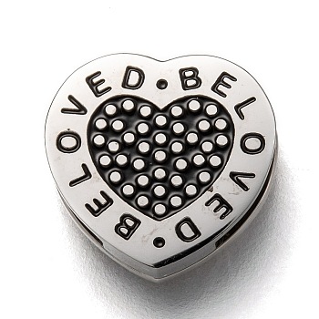 304 Stainless Steel Slide Charms, Enamel Style, Heart with Word Beloved, Stainless Steel Color, 12.5x13x3.5mm, Hole: 8.5x1.5mm