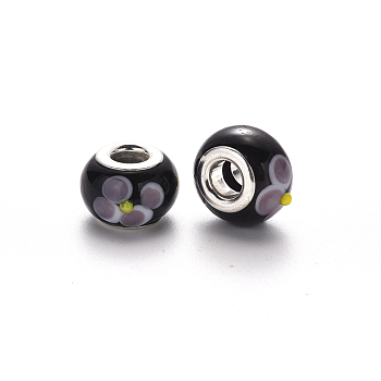Handmade Lampwork European Beads, Bumpy, Large Hole Rondelle Beads, with Platinum Tone Brass Double Cores, Black, 17x14~15x9~10mm, Hole: 5mm