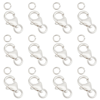 12Pcs 3 Styles 925 Sterling Silver Lobster Claw Clasps, with 12Pcs Open Jump Rings, Silver, Clasps: 8~10x5~6x2.5~3mm, Hole: 2~3.5mm, 4pcs/style;  Rings: 24 Gauge, 3x0.5mm, Inner Diameter: 2mm