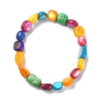 Dyed Natural Shell Nugget Beaded Stretch Bracelet for Women, Colorful, Inner Diameter: 1-3/4 inch(4.4cm)