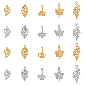 140Pcs 10 Styles Alloy Pendants, Leaf/Gingko Leaf/Maple Leaf, Antique Silver & Golden, 18~29x10.5~15x1~2mm, Hole: 1~1.8mm, 14pcs/style