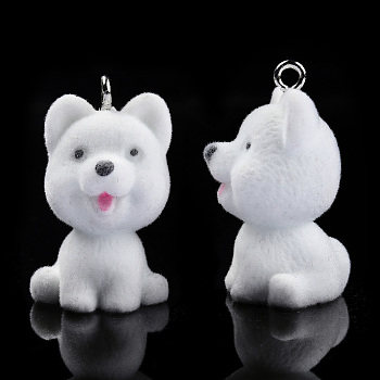 Opaque Resin Pendants, with Platinum Tone Iron Loops, Flocky Dog Charms, White, 34x20~21x21.5mm, Hole: 2.5mm