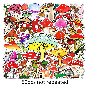 50Pcs 50 Styles Mushroom Pattern Waterproof PVC Plastic Scrapbook Stickers, Self Adhesive Picture Stickers, Mixed Color, 55~85mm, 1pc/style