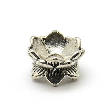 Buddhist Jewelry Findings Tibetan Style Lotus Double Sided Bead Caps, Antique Silver, 9x3mm, Hole: 2mm