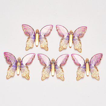 Transparent Acrylic Pendants, with Plated Bottom, Butterfly, Medium Violet Red, 34x39x5.5mm, Hole: 1.2mm