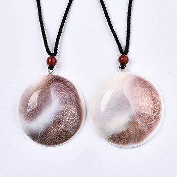 Natural Shell Fossil Pendant Necklaces, Slider Necklaces, with Random Color Polyester Cords, Flat Round, 26~29.9 inch(66~76cm)