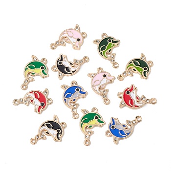 Alloy Enamel Connector Charms, Dolphin Links with Crystal Rhinestone, Light Gold, Cadmium Free & Nickel Free & Lead Free, Mixed Color, 23x15.5x1.5mm, Hole: 1.5mm