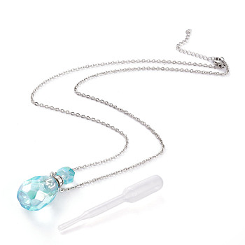 Electroplated Natural Quartz Crystal Openable Perfume Bottle Pendant Necklaces, with 304 Stainless Steel Cable Chains and Plastic Dropper, Faceted, Stainless Steel Color, Pale Turquoise, 20.47 inch(52cm), Bottle Capacity: 2~3ml(0.06~0.1 fl. oz)