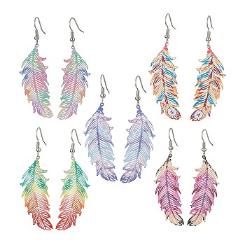201 Stainless Steel Feather Dangle Earrings, Brass Jewelry, Mixed Color, 63x16mm