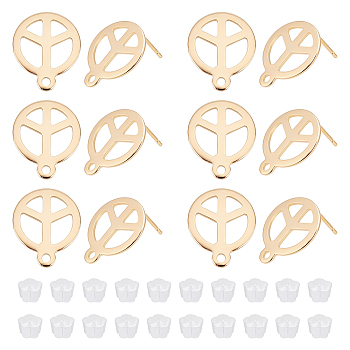 30Pcs 201 Stainless Steel Stud Earring Findings, with Horizontal Loop and 316 Stainless Steel Pin, 50Pcs Plastic Ear Nuts, Flat Round with Peace Sign, Golden, 15x12mm, Hole: 1.4mm, Pin: 0.7mm