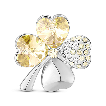 SHEGRACE Alloy Brooch, Micro Pave AAA Cubic Zirconia Four Leaf Clover with Austrian Crystal, Champagne Yellow, 22x25mm