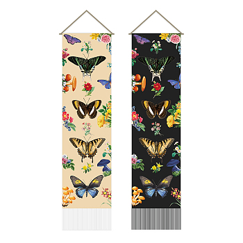 Polyester Decorative Wall Tapestrys, for Home Decoration, with Wood Bar, Rope, Rectangle, Butterfly Pattern, 1300x330mm