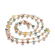 304 Stainless Steel Enamel Chains, Soldered, Heart and Flat Round Evil Eye, Golden, Colorful, 10x5.5x2mm(CHS-P006-06G)