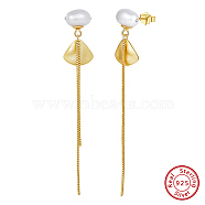 Natural Baroque Pearl Stud Earrings, 925 Sterling Silver Fan & Chains Drop Earrings, with S925 Stamp, Real 14K Gold Plated, 69x11mm(EJEW-Z041-06G)