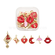 12Pcs 6 Style Real 18K Gold Plated Brass Enamel Pendants, Long-Lasting Plated, with Jump Ring, Valentine's Day, Lip & Heart Lock & Umbrella & Candy & Moon & Rhombus, Mixed Color, 13.6~29x11~16x1.5~3mm, Hole: 1.5~3.3mm, 2pcs/style(KK-LS0001-43)