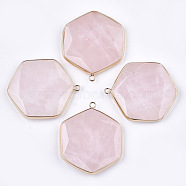 Natural Rose Quartz Pendants, with Brass Findings, Faceted, Hexagon, Golden, 44~45x36~37x5~6mm, Hole: 2mm(G-T112-19F)