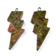 Natural Unakite Pendants, Lightning Bolt Charm, with Stainless Steel Color Tone 304 Stainless Steel Loops, 40~44.5x17~20x4.5~6mm, Hole: 2mm(G-N332-53-A07)