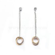 304 Stainless Steel Dangle Stud Earrings, with Rhinestone, Rings, Stainless Steel Color, 53x10x3.5mm, Pin: 0.8mm(EJEW-H367-15P)