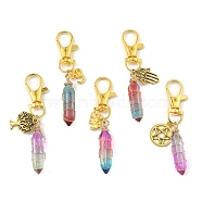 Copper Wire Wrapped Glass Bullet Pendant Decoration, with Alloy Swivel Lobster Claw Clasps and Tibetan Style Alloy Pendant, Mixed Shapes, Antique Golden, 76~80mm(HJEW-JM01186-02)