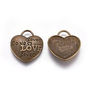 Tibetan Style Alloy Pendants, Heart with Word Love, For Valentine's Day, Cadmium Free & Nickel Free & Lead Free, Antique Bronze, 23.5x21x2.5mm, Hole: 6mm(TIBEP-A9142-AB-NR)