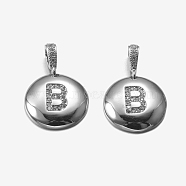Brass Pendants, with Cubic Zirconia, Cadmium Free & Lead Free, Flat Round with Letter, Platinum, Letter.B, 22mm, Hole: 2x3mm, Pendant: 15x3mm(KK-K194-B-P-RS)
