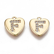Brass Micro Pave Clear Cubic Zirconia Charms, Nickel Free, Real 18K Gold Plated, Flat Heart, Letter.F, 10x10x1mm, Hole: 1mm(KK-N231-234F-NF)