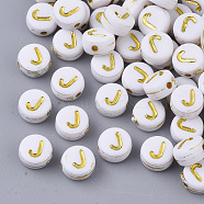 Plating Acrylic Beads, Golden Metal Enlaced, Horizontal Hole, Flat Round with Alphabet, White, Letter.J, 7x3.5mm, Hole: 1.2mm, about 3600pcs/500g(PACR-R242-01J)