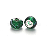 Handmade Lampwork European Beads, Large Hole Rondelle Beads, with Platinum Tone Brass Double Cores, Green, 14~15x9~10mm, Hole: 5mm(X-LPDL-N001-027-C08)
