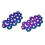 Ion Plating(IP) 201 Stainless Steel Filigree Pendants, Etched Metal Embellishments, Cloud with Moon & Star, Rainbow Color, 23.5x41.5x0.2mm, Hole: 1.2mm(STAS-S118-019)