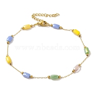 304 Stainless Steel Anklet, Glass Beads Colorful Rectangle for Women, Golden, 9-3/8 inch(23.8cm)(AJEW-B026-07G)
