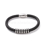 Black Leather Braided Cord Bracelet with 304 Stainless Steel Magnetic Clasps, 201 Stainless Steel Beaded Punk Wristband for Men Women, Stainless Steel Color, 8-5/8 inch(22cm)(BJEW-P275-02P)