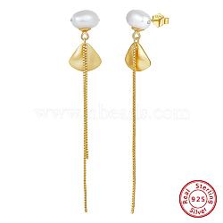 Natural Baroque Pearl Stud Earrings, 925 Sterling Silver Fan & Chains Drop Earrings, with S925 Stamp, Real 14K Gold Plated, 69x11mm(EJEW-Z041-06G)