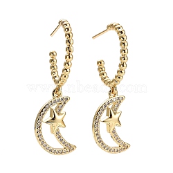 C-Shape with Moon Cubic Zirconia Dangle Stud Earrings, Brass Half Hoop Earrings for Women, Golden, 38x19.5mm, Pin: 0.7mm(EJEW-SZ0001-74)