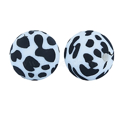 Round with Cow Print Pattern Food Grade Silicone Beads, White, 15mm(PW-WG66974-15)