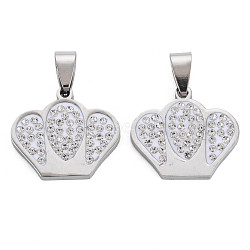 201 Stainless Steel Pendants, with Crystal Rhinestone and Stainless Steel Snap On Bails, Crown, Stainless Steel Color, 20x22x3mm, Hole: 4x8mm(STAS-N095-41P)