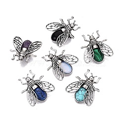 Natural & Synthetic Gemstone & Alloy Lapel Pin Brooches, Bees, with  Iron Pins, Dyed & Undyed, Antique Silver, 39~40.5x37~38mm(GG-N001-04AS)