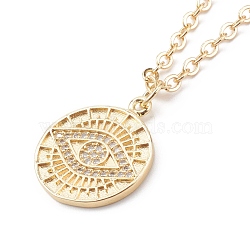 Brass Micro Pave Clear Cubic Zirconia Pendant Necklaces, Flat Round with Evil Eye, Golden, 15.86 inch(40.3cm)(NJEW-JN03388)