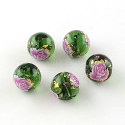 Rose Flower Pattern Printed Round Glass Beads, Magenta, 11~12x11mm, Hole: 1.5mm(GFB-R004-12mm-Q01)