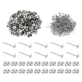 100Pcs 304 Stainless Steel Stud Earring Findings, Flat Round Pad Base Earring Settings, with 100Pcs Friction Ear Nuts, Stainless Steel Color, 12x3mm, Pin: 0.8mm