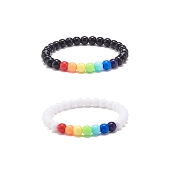 2Pcs 2 Colors Acrylic Round Beaded Stretch Bracelets Set for Kids, Colorful, Inner Diameter: 1-3/4 inch(4.4cm), 1Pc/color