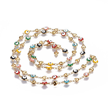 304 Stainless Steel Enamel Chains, Soldered, Heart and Flat Round Evil Eye, Golden, Colorful, 10x5.5x2mm