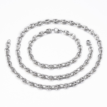 304 Stainless Steel Jewelry Sets, Coffee Bean Chain Necklaces and Bracelets, with Lobster Claw Clasps, Oval, Stainless Steel Color, 23.6 inch(60cm)