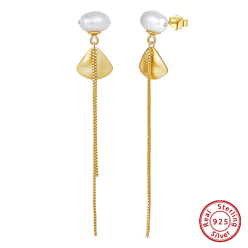 Natural Baroque Pearl Stud Earrings, 925 Sterling Silver Fan & Chains Drop Earrings, with S925 Stamp, Real 14K Gold Plated, 69x11mm